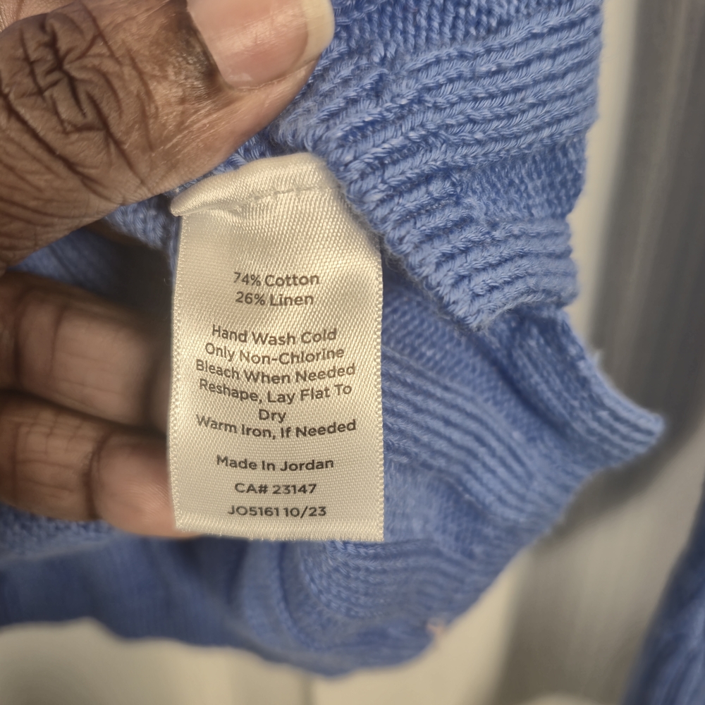 Talbots Blue Ribbed V-Neck Cotton Linen Knit Sweater Size Medium - Picture 7 of 7